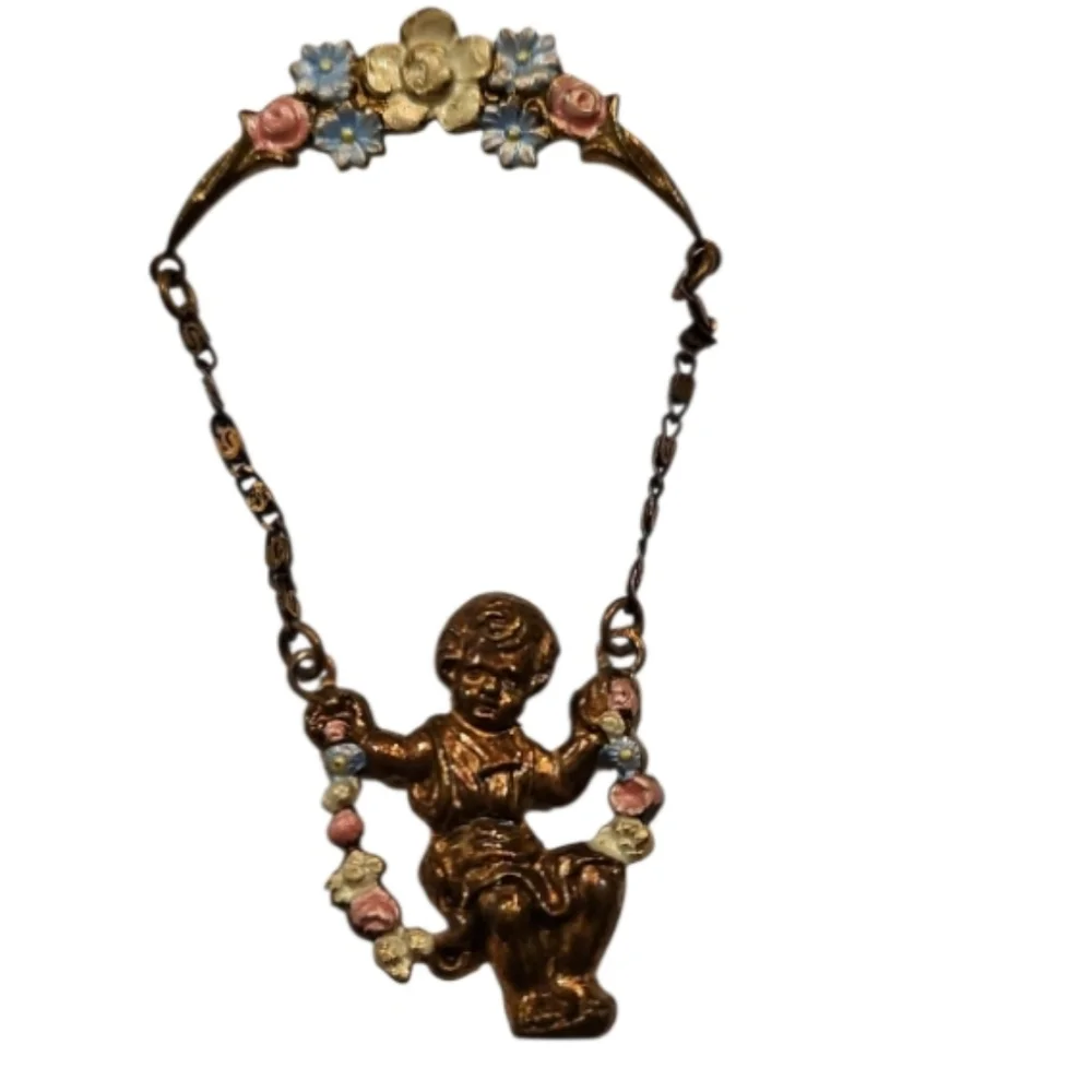 RARE 1920s VINTAGE MIXED METALS CHERUB ANGEL SWINGING ON SWING BROOCH‎
